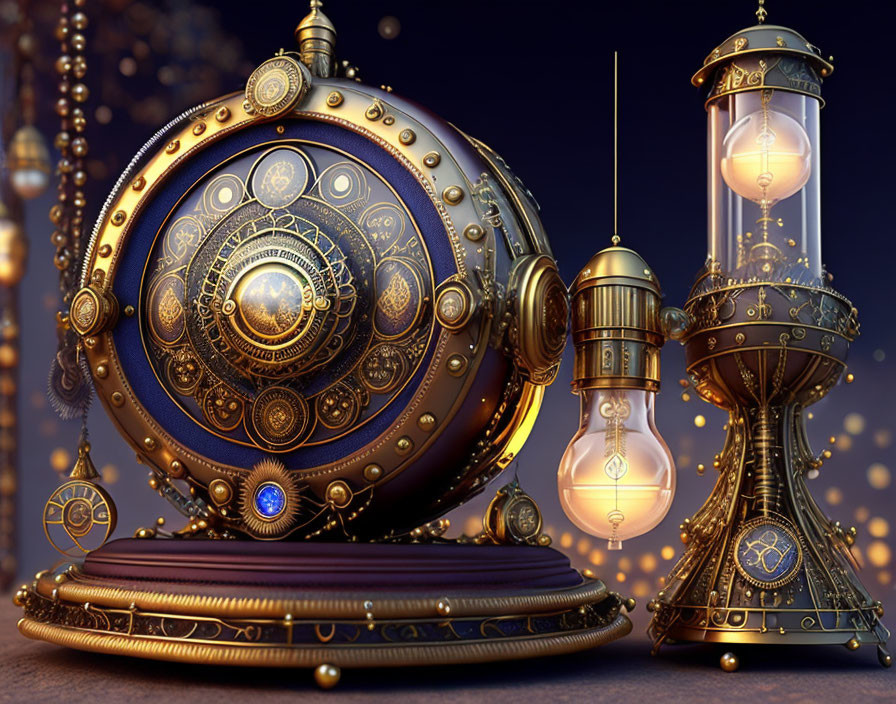 Brass sphere and ornate hourglass with celestial and steampunk designs on wooden surface