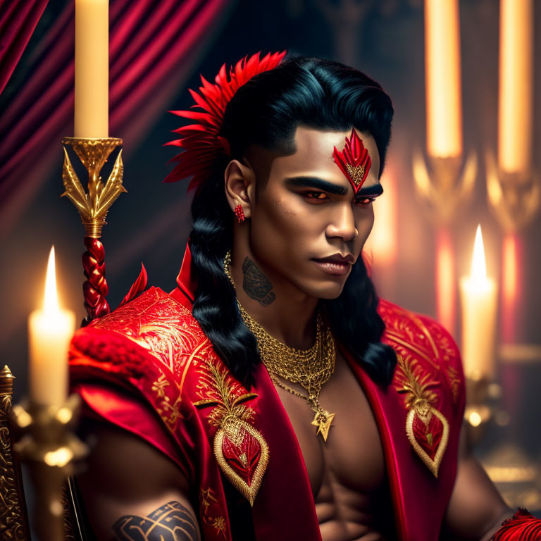 Stylized male figure with red feather, intricate facial markings, golden jewelry, red cloak, surrounded