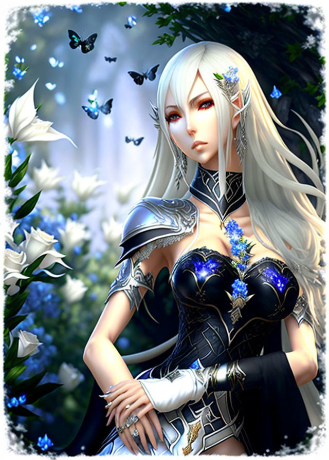 Illustrated female character with long white hair in silver and blue armor among butterflies and flowers