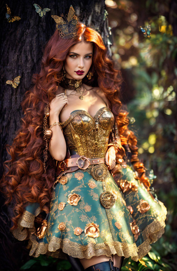 Voluminous red hair woman in butterfly crown fantasy dress with metallic teal elements and butterflies in natural scenery