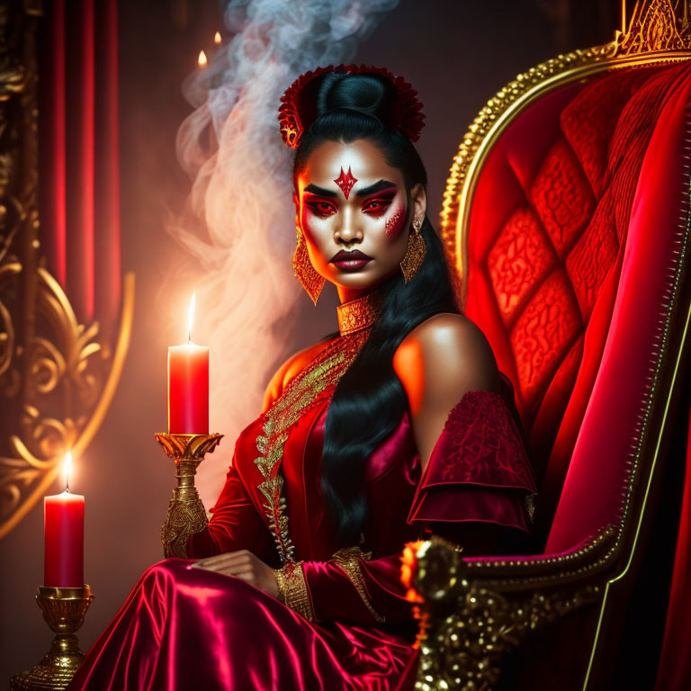 Woman with dramatic red makeup and hair on red throne with candles and smoke.
