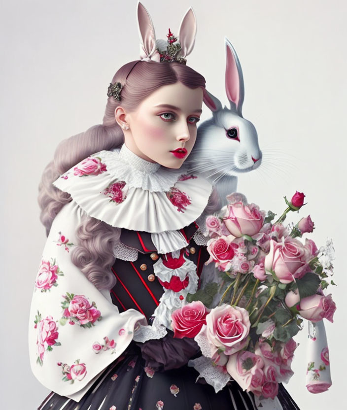 Surreal illustration of woman in vintage dress with rabbit head and crown