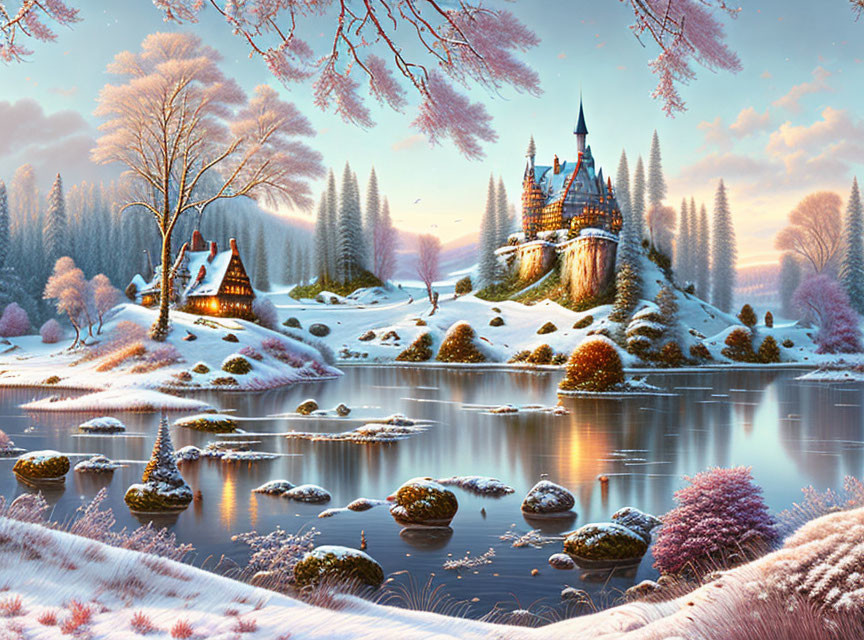 Winter landscape with castle, cottage, snow-covered trees, reflective lake, pastel sky