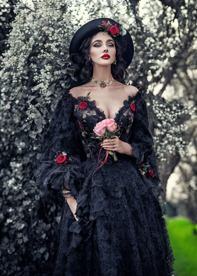 Gothic black dress with ruffle details and red rose accents, woman in wide-brimmed