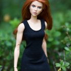 Red-Haired Doll in Black Dress with Silver Accessories Among Green Leaves