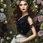 Woman with wavy hair in floral headpiece, black lace top, striped pants against rose backdrop