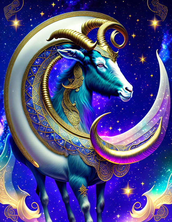 Mythical goat with golden horns in cosmic setting