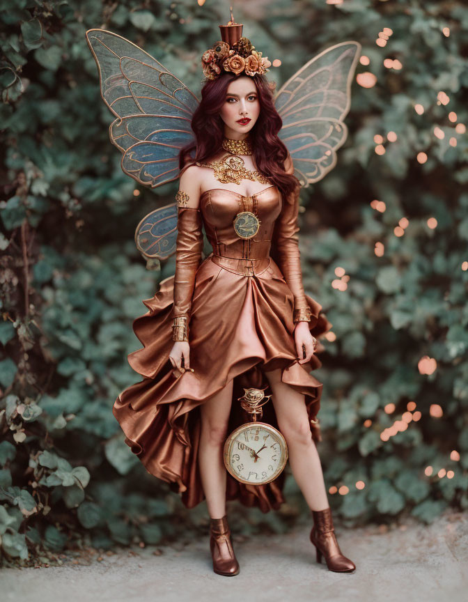 Elaborate fairy costume with clock-themed dress and iridescent wings
