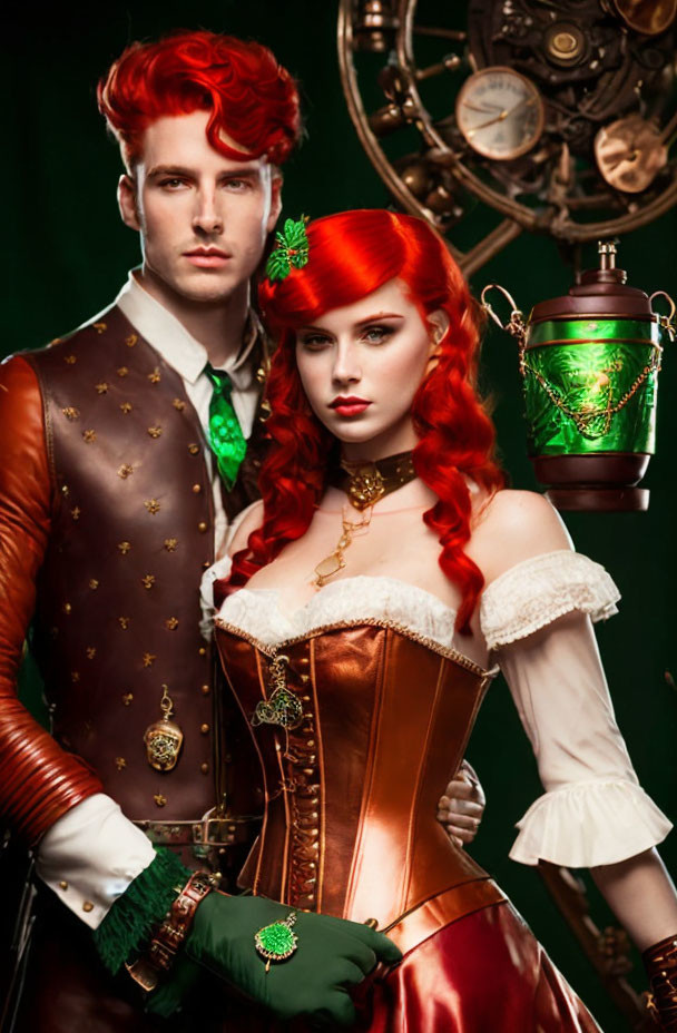 Steampunk couple with red hair posing with green lantern in mechanical setting