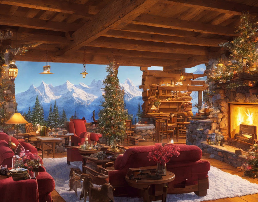 Warm Mountain Lodge Interior with Fireplace, Red Sofas, Christmas Decor, and Snowy View