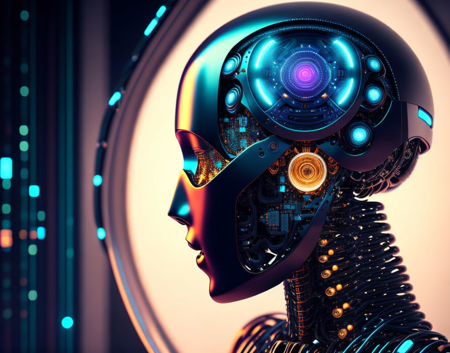 Detailed Mechanical Head Design of Futuristic Robot on Blue Background
