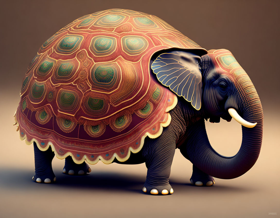 Digital artwork: Elephant and Tortoise hybrid on warm background