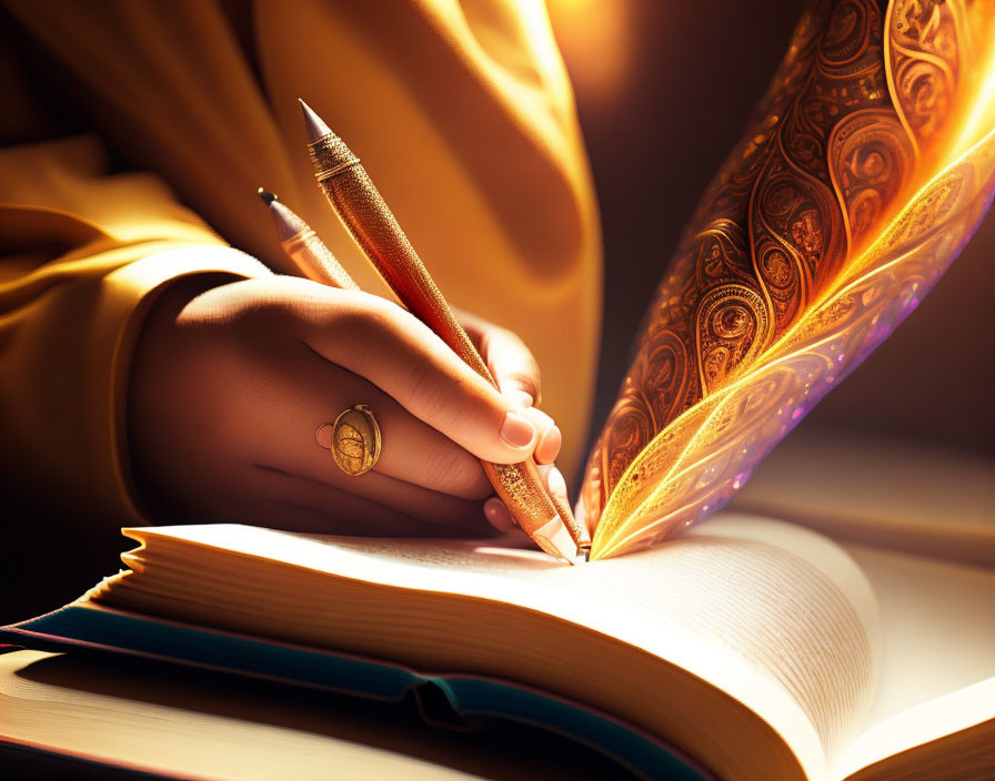 Hand with ring writing in book with magical glowing pen emitting golden swirls.
