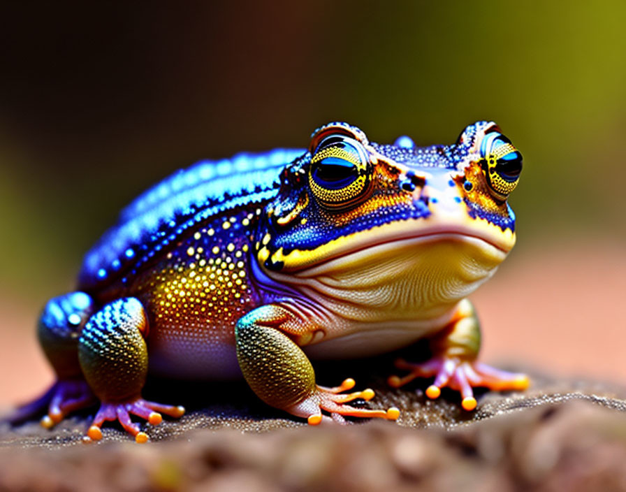 Vibrant multicolored frog on brown surface with blurred background