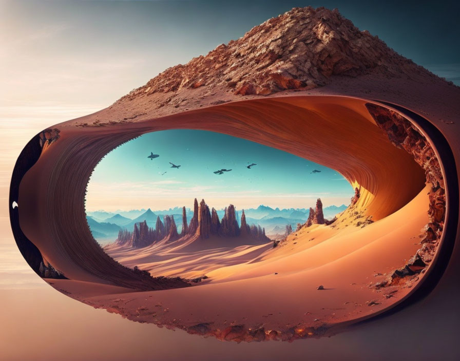 Surreal desert landscape with twisted rock formation and flying ships
