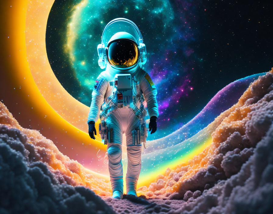 Astronaut surrounded by cosmic clouds and stars