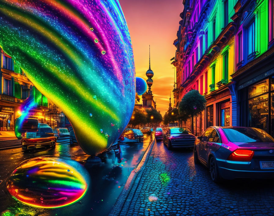 Colorful Dusk Scene: Vibrant City Street with Surreal Soap Bubbles