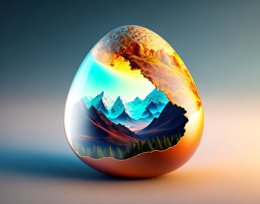 Surreal egg-shaped entity in vibrant landscape with mountains and trees