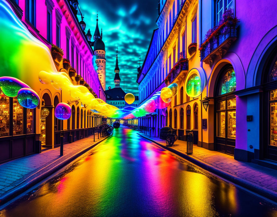 Vibrant Night Street with Neon Lights and Bubble Installations
