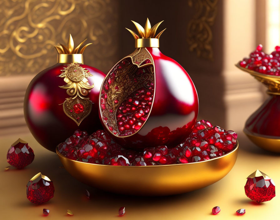 Ornate pomegranate-themed still life on golden background