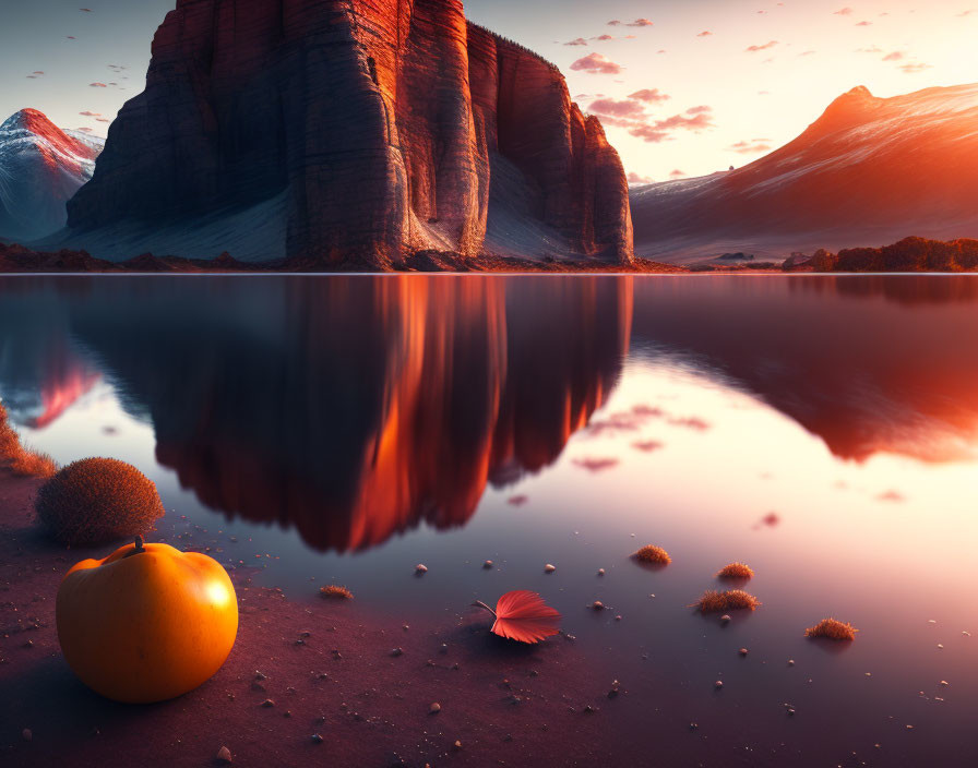 Apple and seashell on shore by calm lake with red mountains at sunset