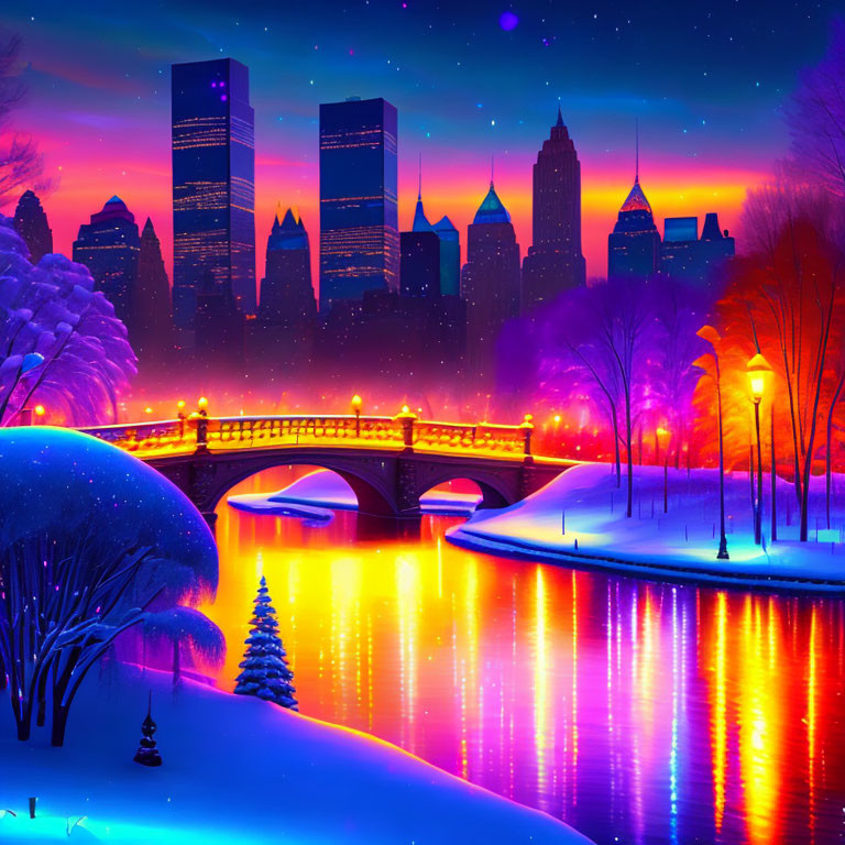 Snow-covered park with illuminated bridge and city skyline reflected in river at dusk