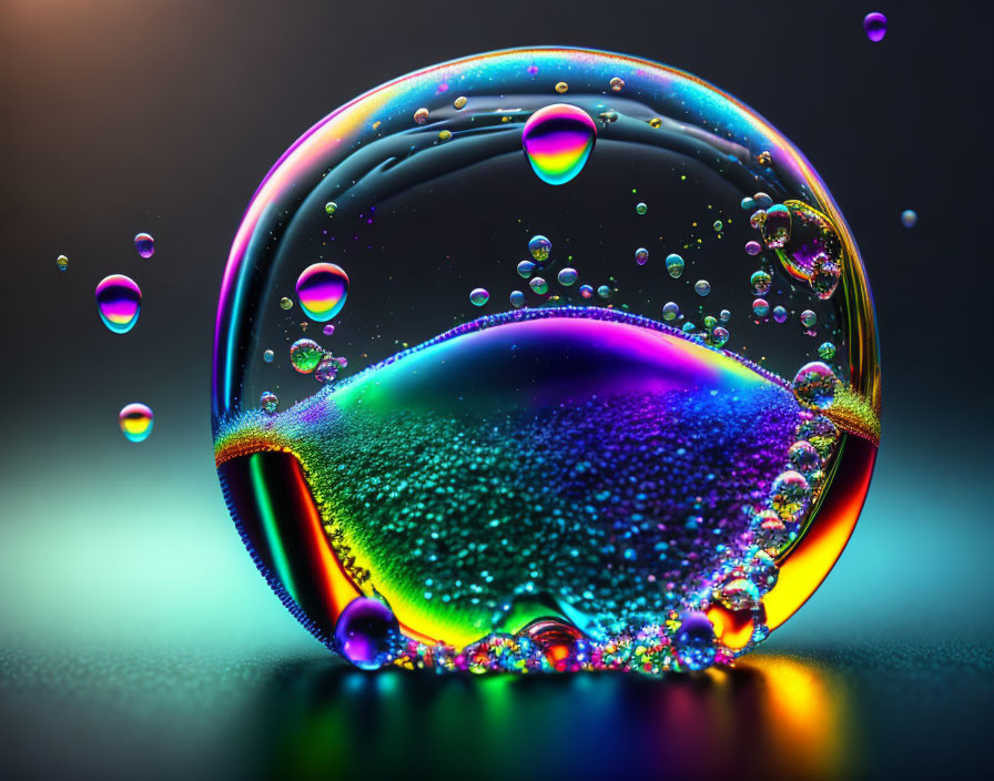 Colorful iridescent bubble surrounded by smaller bubbles on dark background