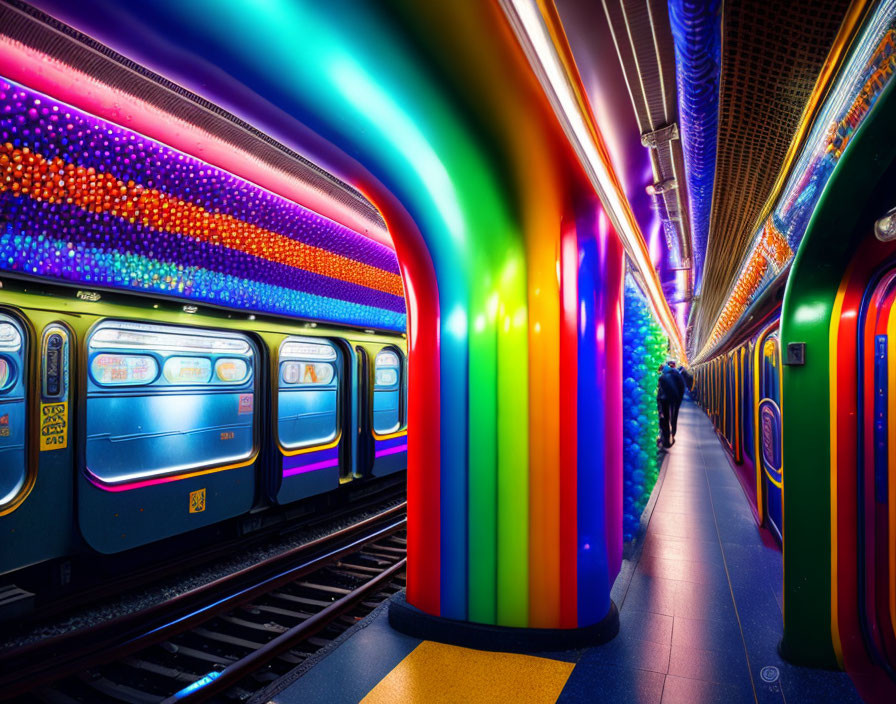 Colorful Rainbow Lights Illuminate Subway Station Platform