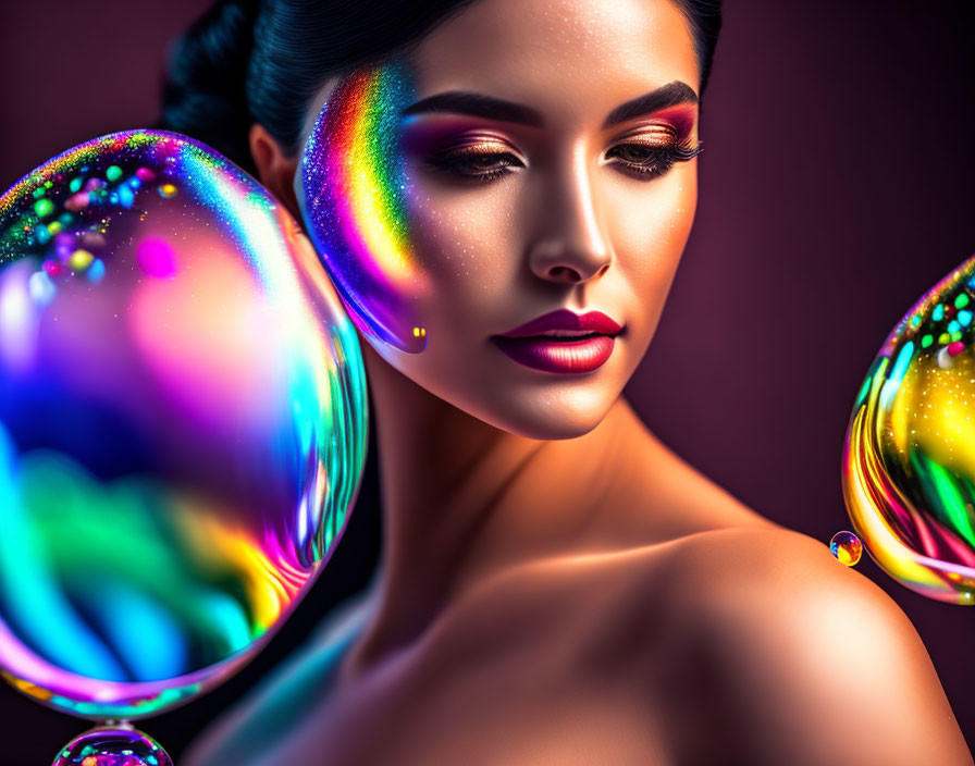 Colorful makeup woman surrounded by iridescent bubbles on dark background