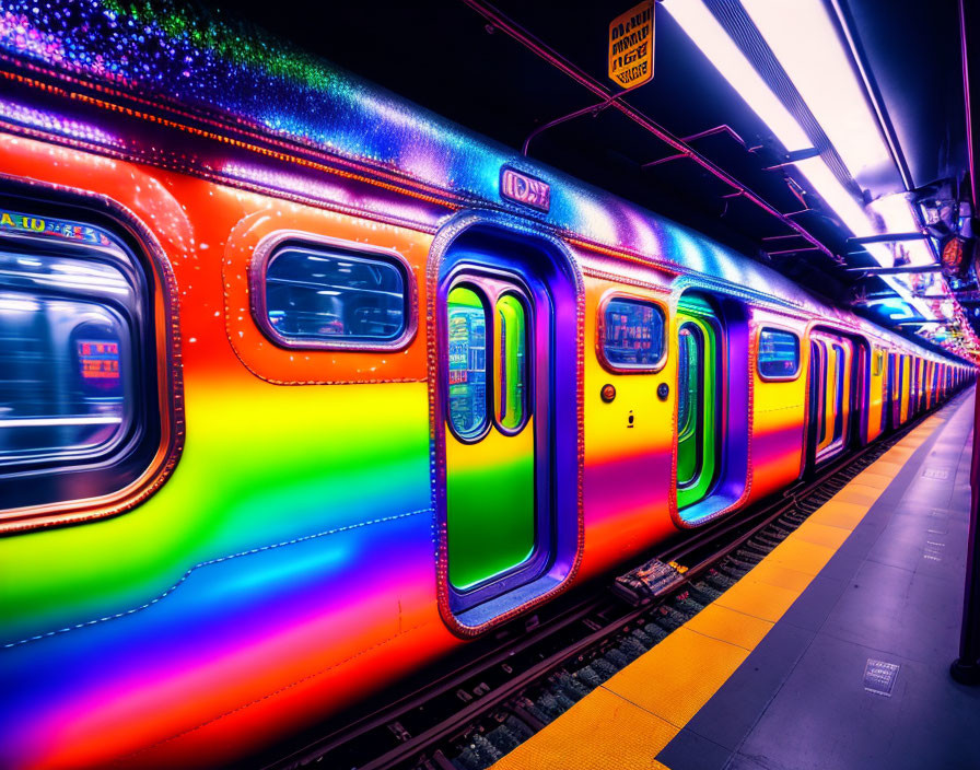 Vibrant rainbow-painted subway train with psychedelic reflections.