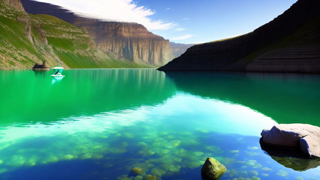 Tranquil lake with emerald waters, cliffs, and boat
