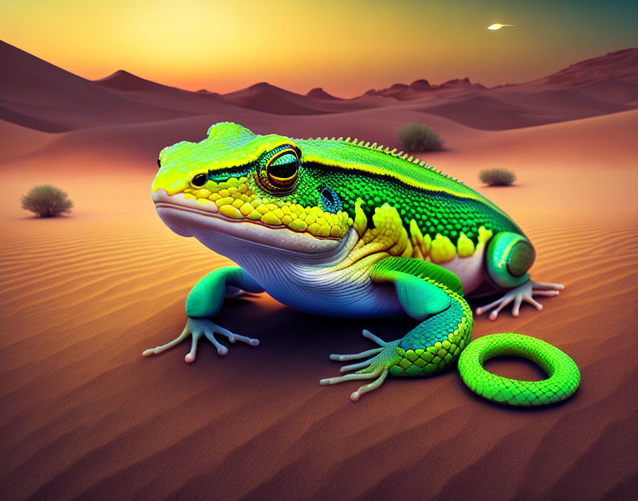 Digital artwork: Desert landscape with whimsical frog-bodied creature in lizard head, rolling sand dunes at