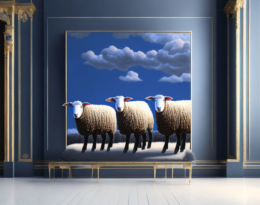 Three blue-faced sheep in row with matching landscape painting in elegant blue and gold room