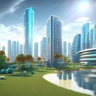Sleek skyscrapers and green parks in futuristic cityscape