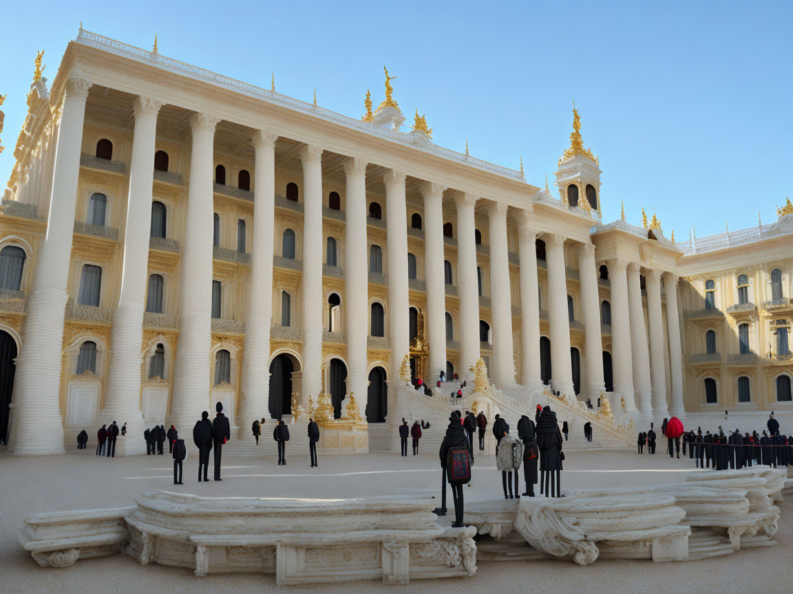 Classical palace with golden details, columns, and statues in spacious courtyard.