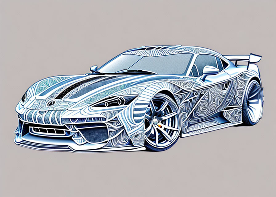 Decorated sports car starting from pencil sketch