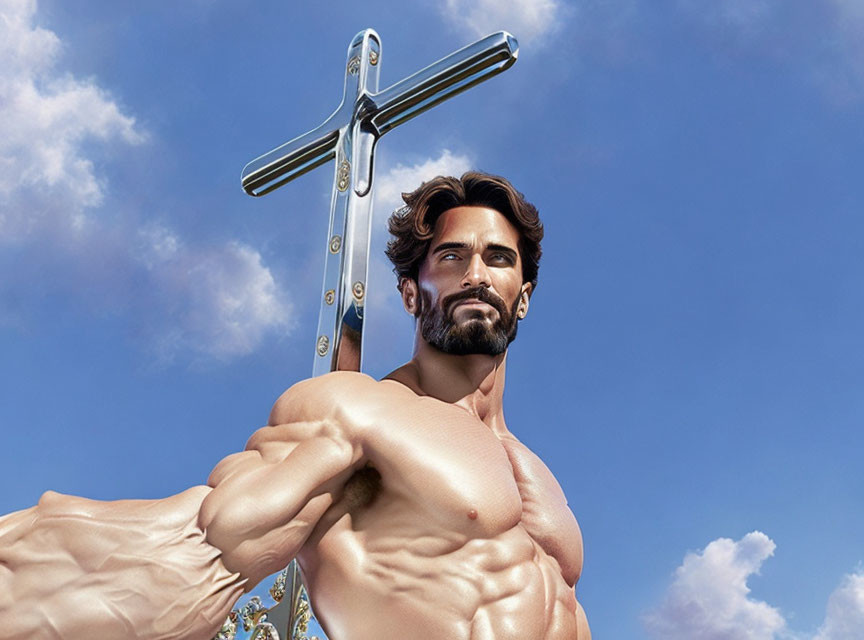 Muscular male figure holding metallic cross under blue sky