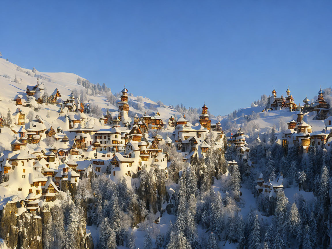 Snow-covered Winter Village in Golden Sunlight