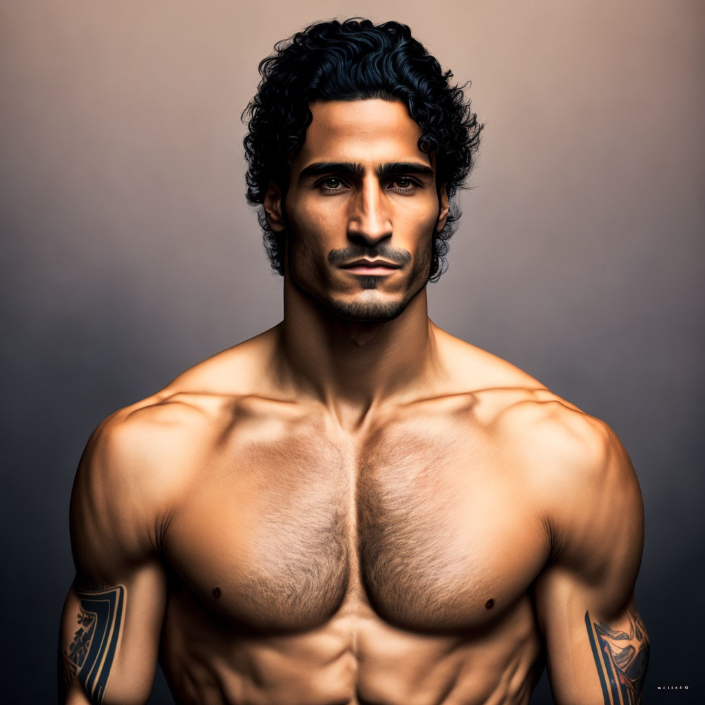 Muscular shirtless man with curly hair and tribal tattoo on gradient background