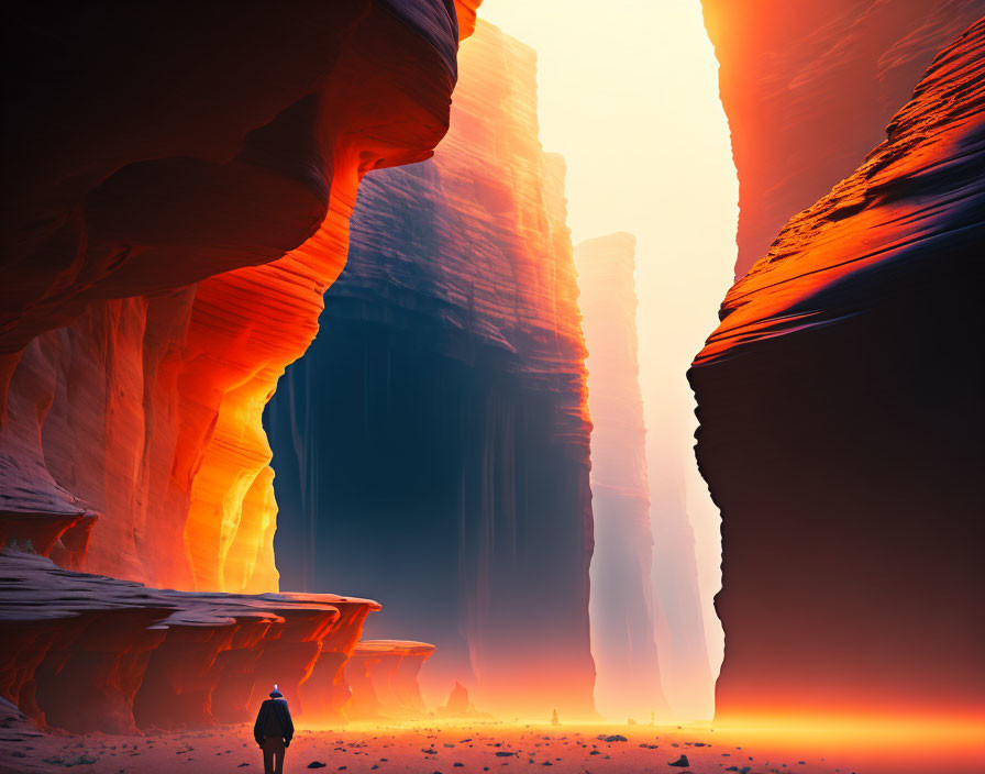 Person standing in warm light among red cliffs in serene desert landscape