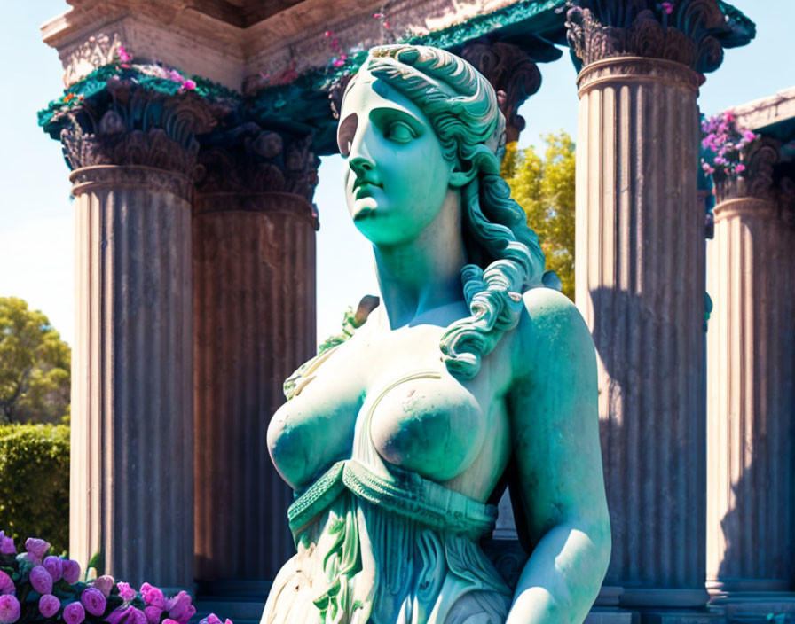 Ornate Woman Statue Among Classical Columns