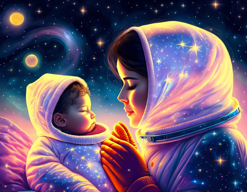 Stylized digital artwork of woman with baby in cosmic attire against starry backdrop