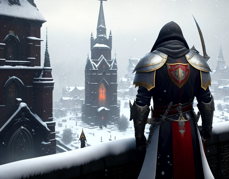 Cloaked figure with sword in snowy medieval town with Gothic architecture