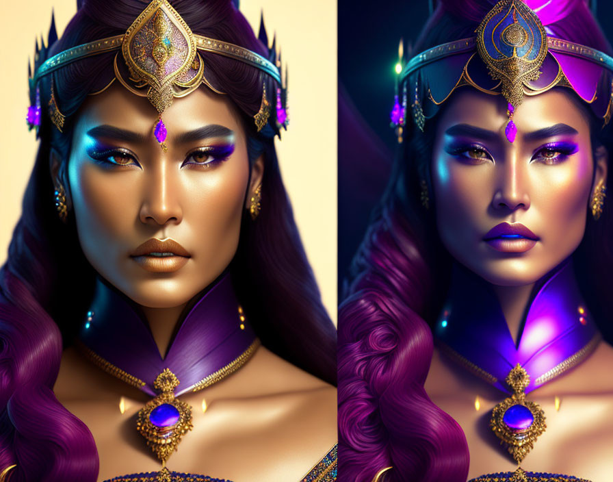 Digital illustration of woman with golden headdress, purple hair, sharp features, bindi, and purple