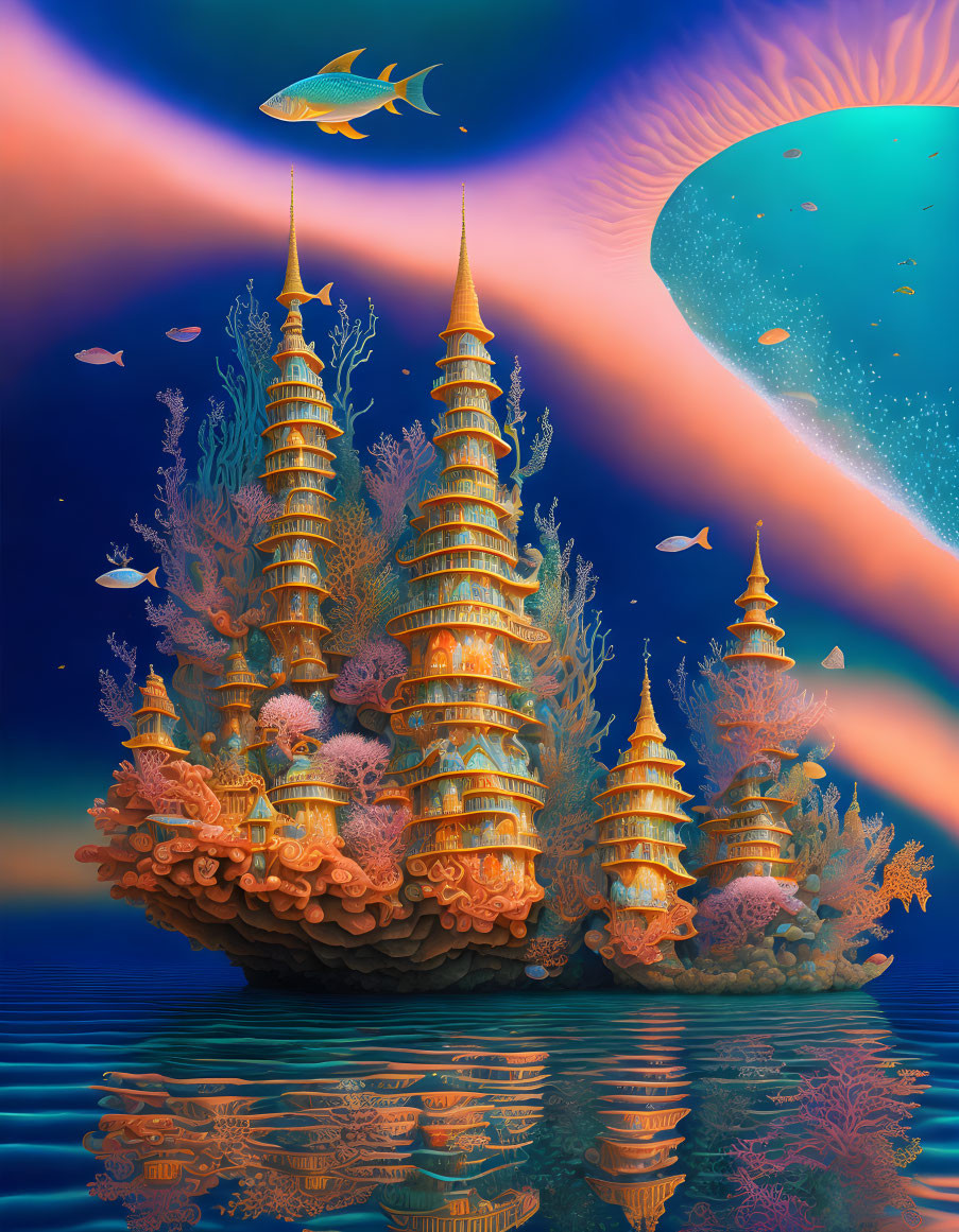 Surreal underwater temples with coral adornments and fantasy sky.