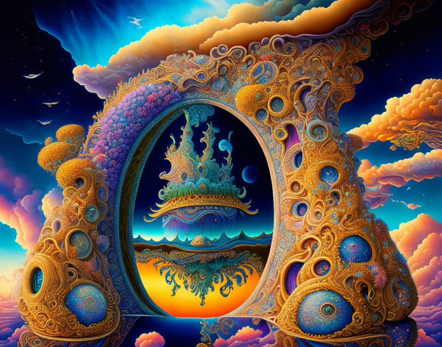 Surreal artwork with ornate circular gateway and dramatic sunset