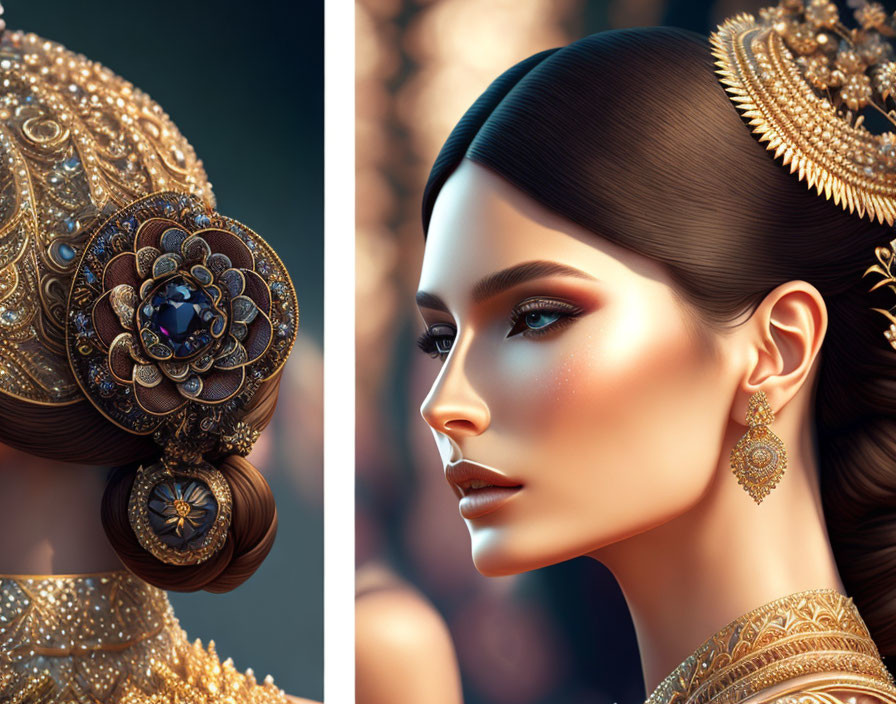 Detailed digital art portrait of a woman with elegant gold jewelry in hair and ears.