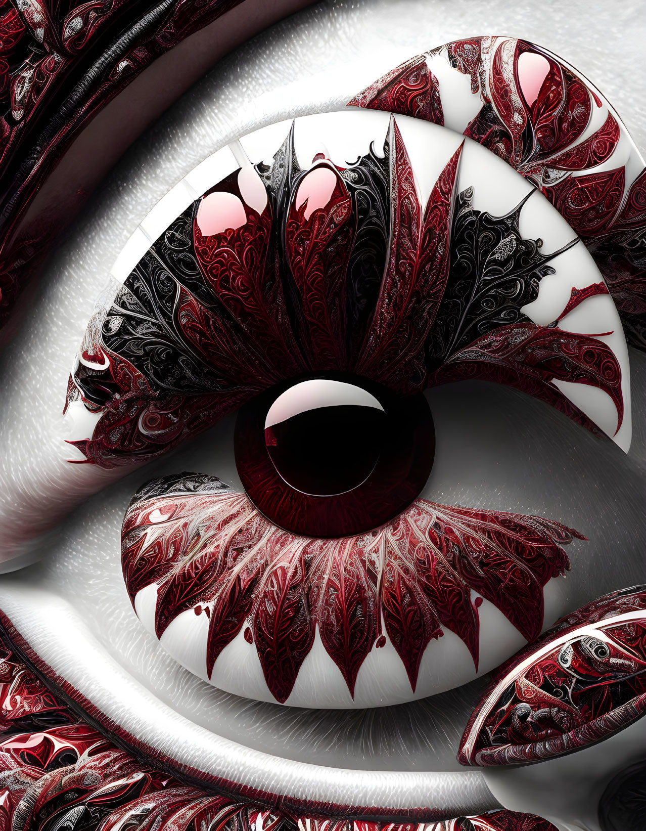 Fractal Pattern Eye Image in Red, Black, and White