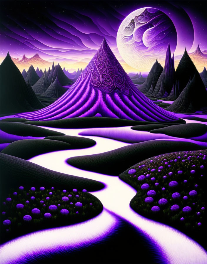Vivid otherworldly landscape with white rivers, purple mountains, glowing flora, and starry sky