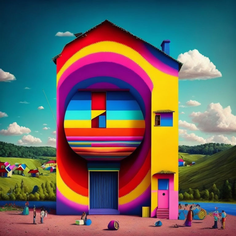 Colorful surreal house with rainbow stripes and people under a blue sky.